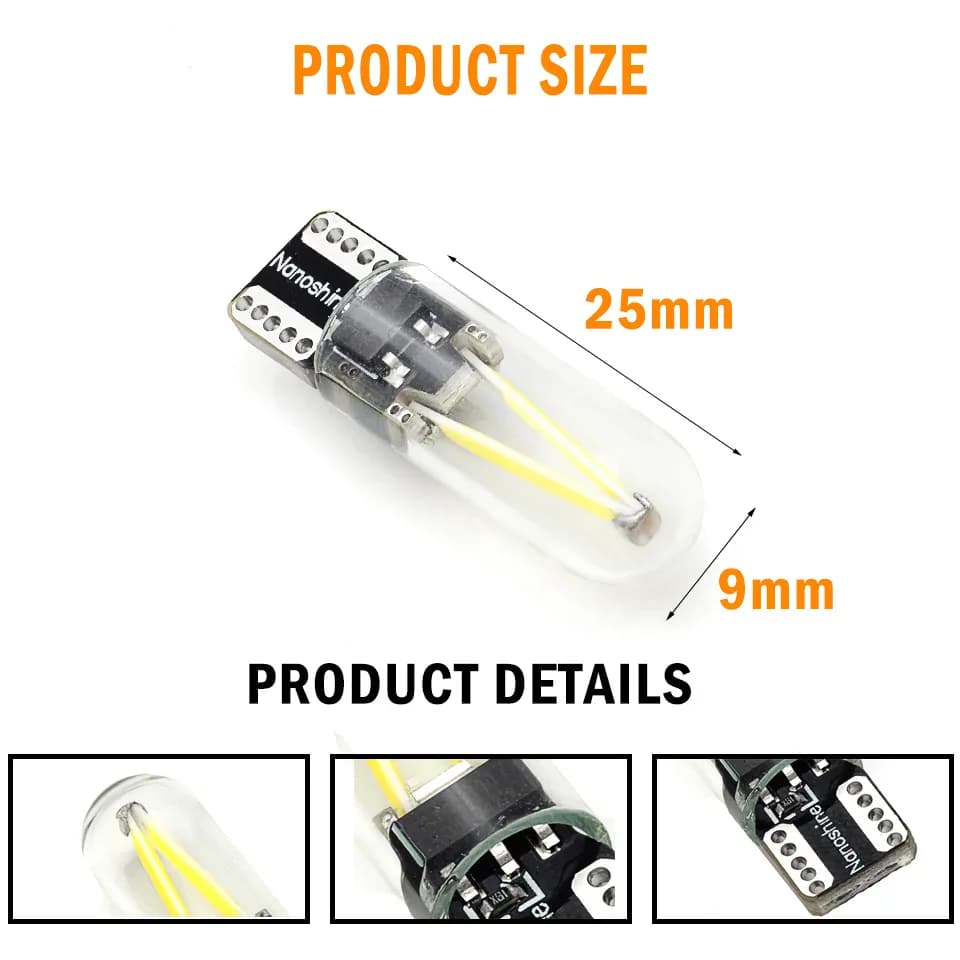 W5W led T10 cob verre lumière de voiture Led filament auto