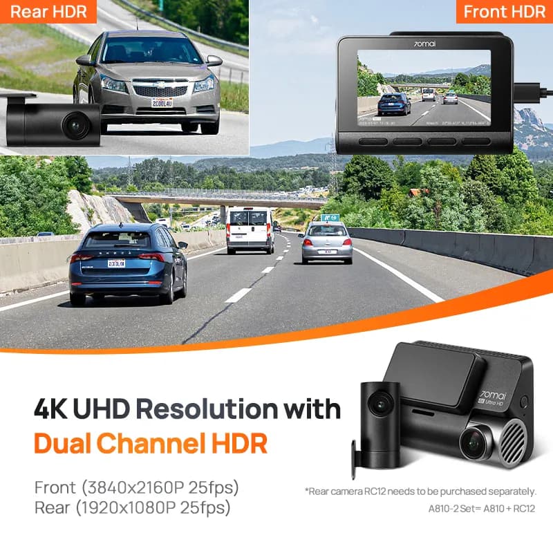 Caméra embarquée 70mai 4K A810 HDR avec GPS intégré, ADAS