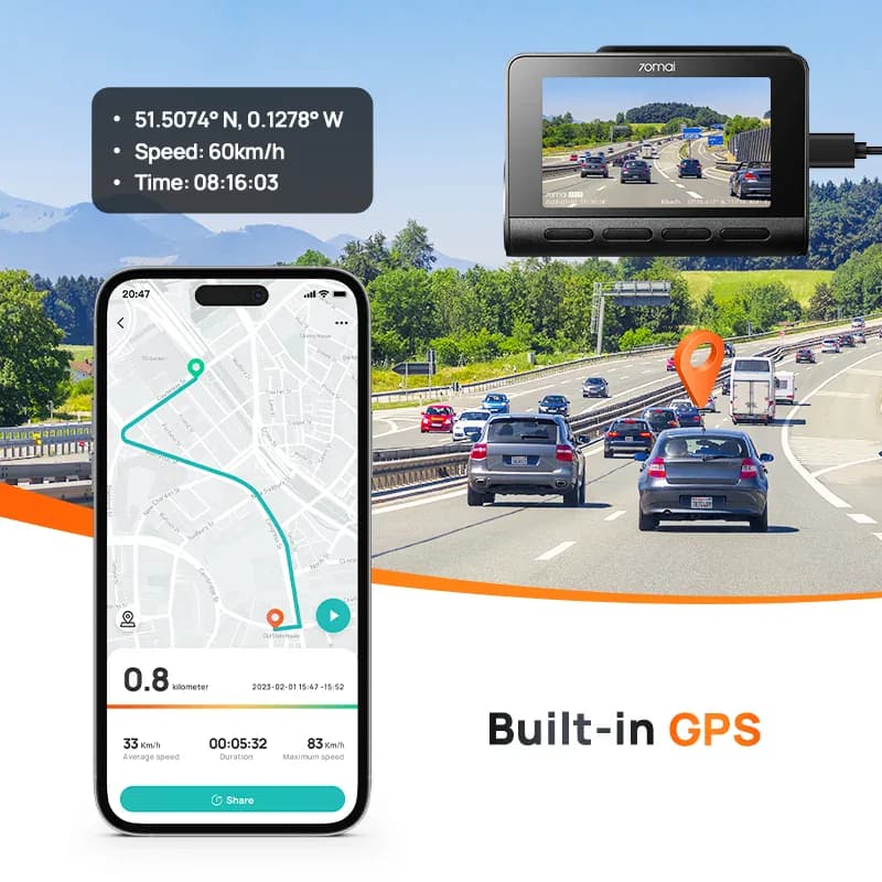 Caméra embarquée 70mai 4K A810 HDR avec GPS intégré, ADAS