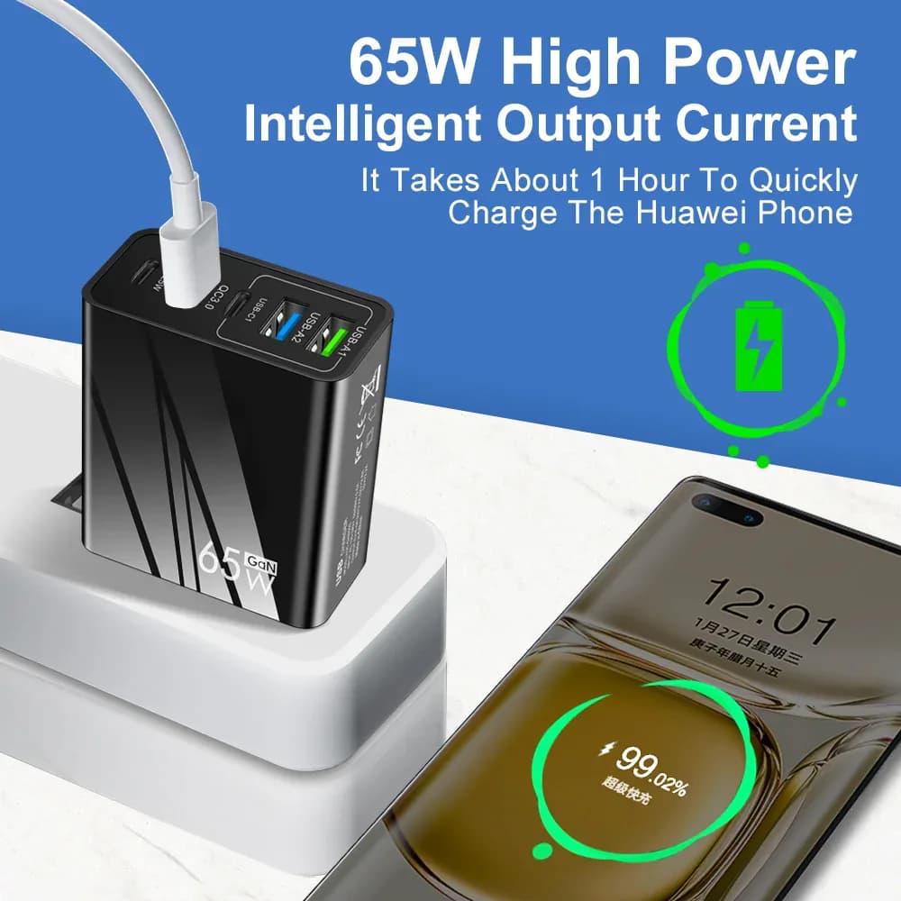 Chargeur USB GaN 65W PD Type C, charge rapide