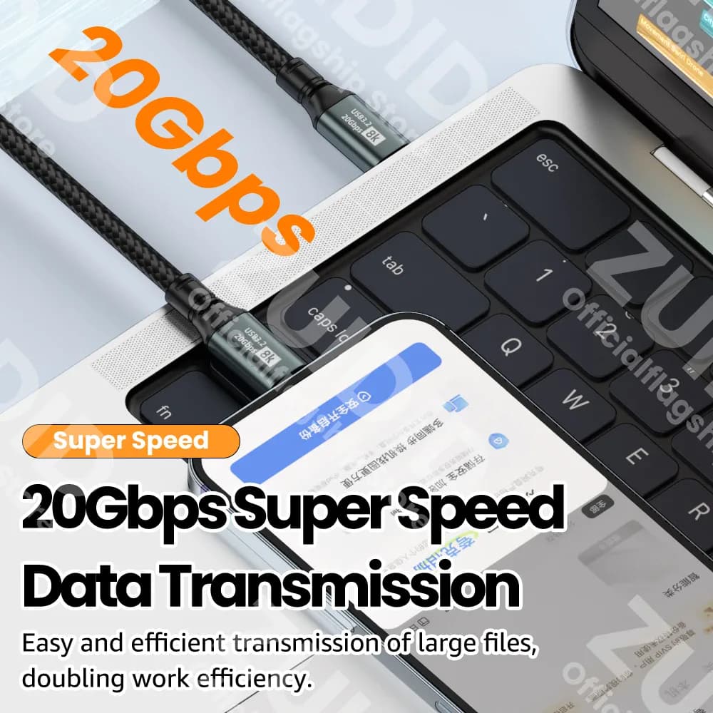PD100W USB 3.2 20Gbps ThunderBolt 3 câble de Type C à Type