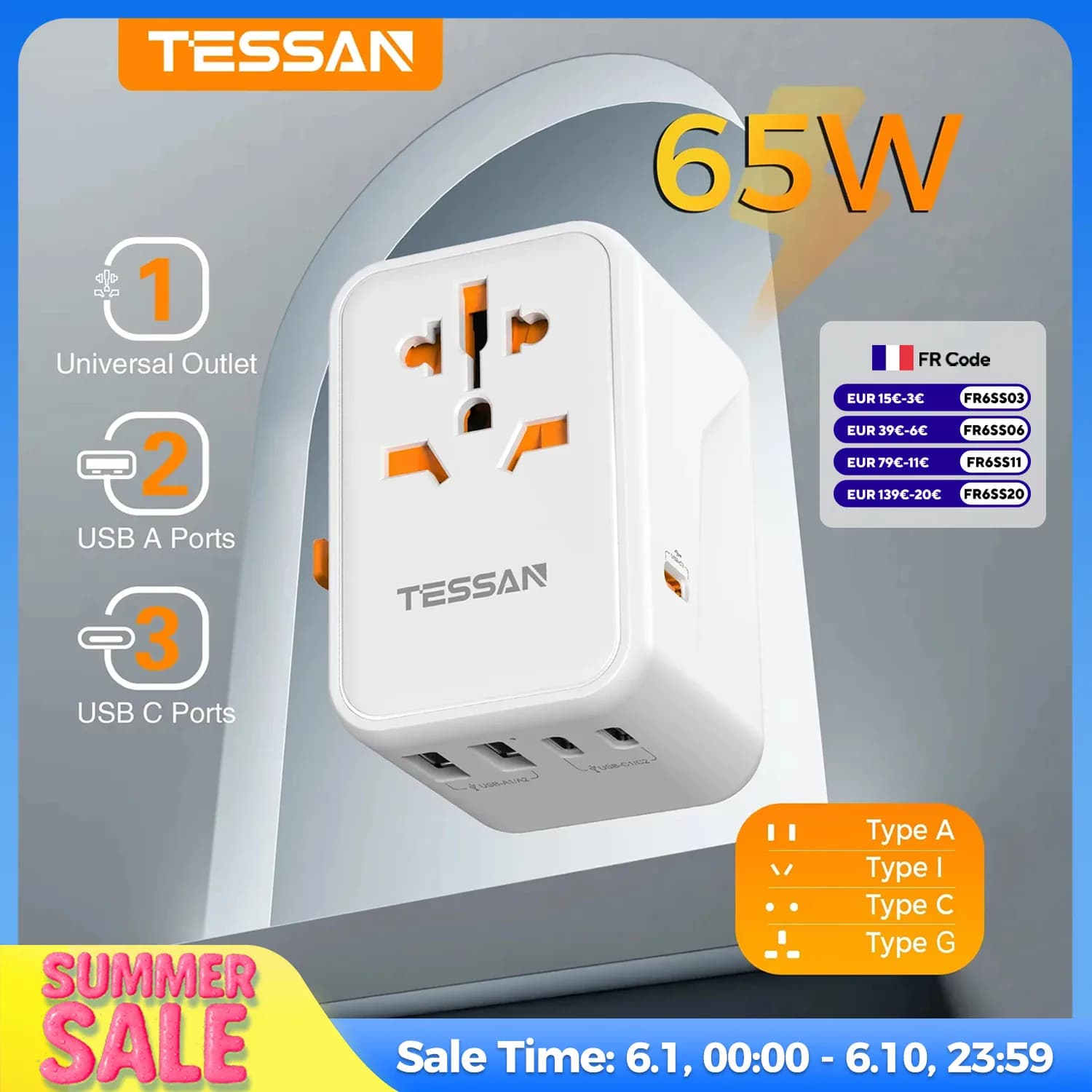 TESSAN 65W GaN adaptateur de voyage prise universelle avec