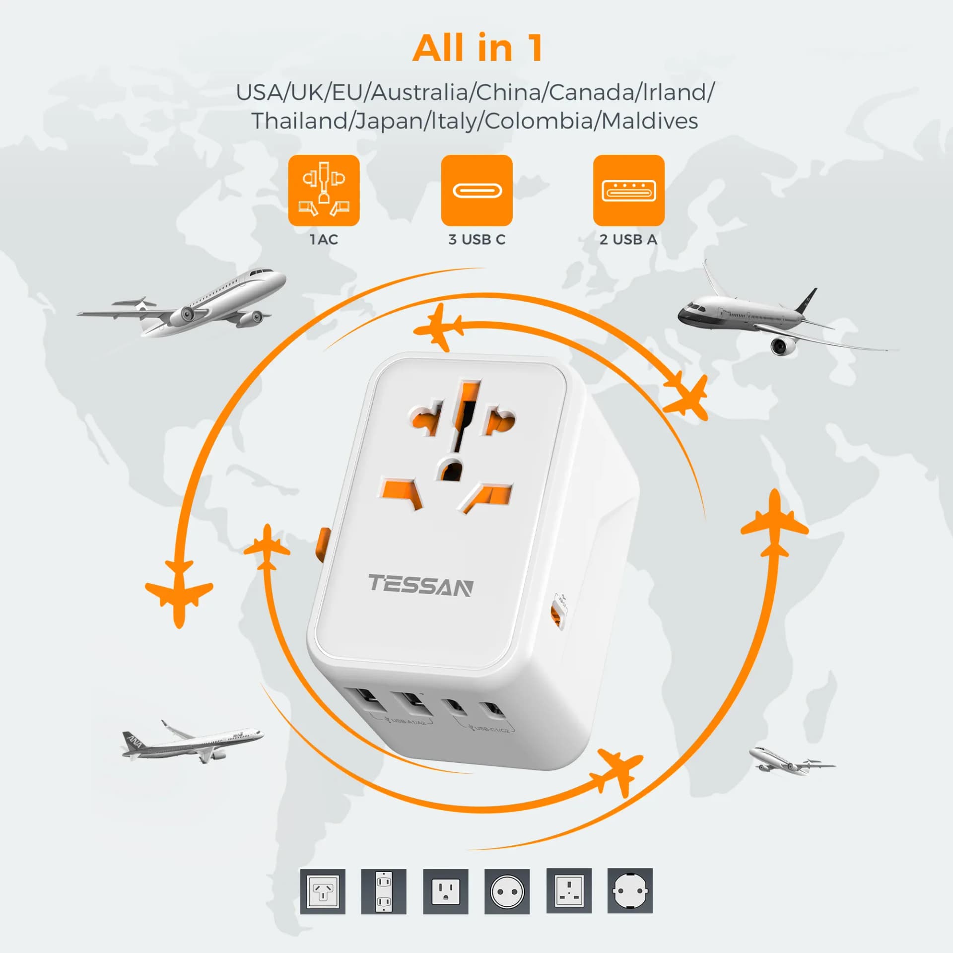 TESSAN 65W GaN adaptateur de voyage prise universelle avec