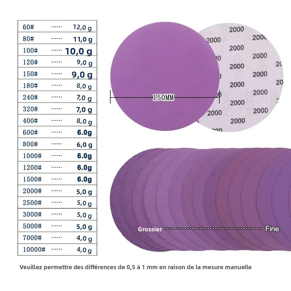 Disques de ponçage 6 pouces crochet et boucle 60-10000