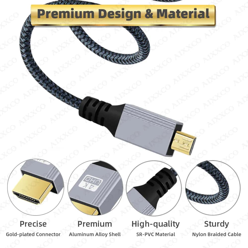 AIXXCO 1m 1.5m 2m 3m Compatible Micro HDMI 4K/60Hz câble 3D